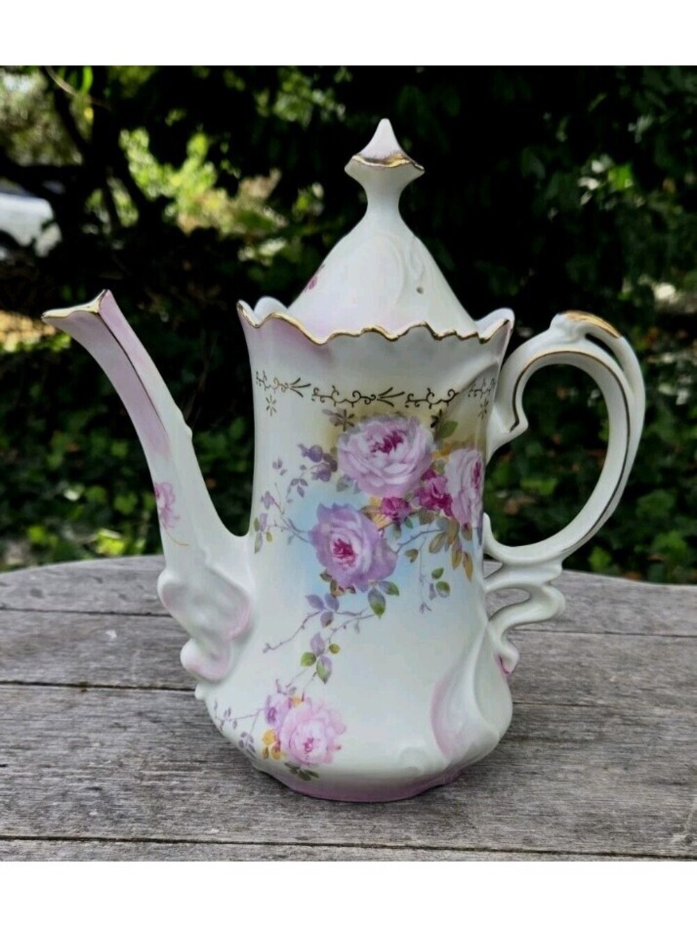 Vintage KPM 32OZ Ceramic Rose Pattern Teapot Chocolate Pot Flaw Read